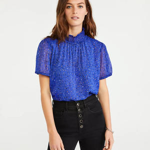 ANN TAYLOR‎ Blue Spotted Smocked Neck Puff Sleeve Ladies Blouse, 6